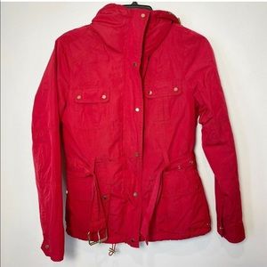 Zara Woman Full Zip Belted Rain Parka Jacket Red Sz M Packable Hood Long Sleeve
